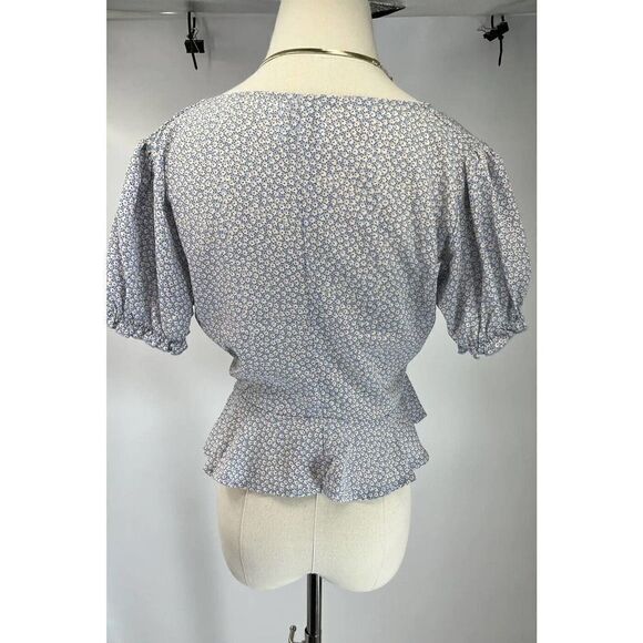 Princess Polly Blue Floral Crop Top Size 4 Small Puff Sleeve Button Peplum Jamia - Picture 4 of 12